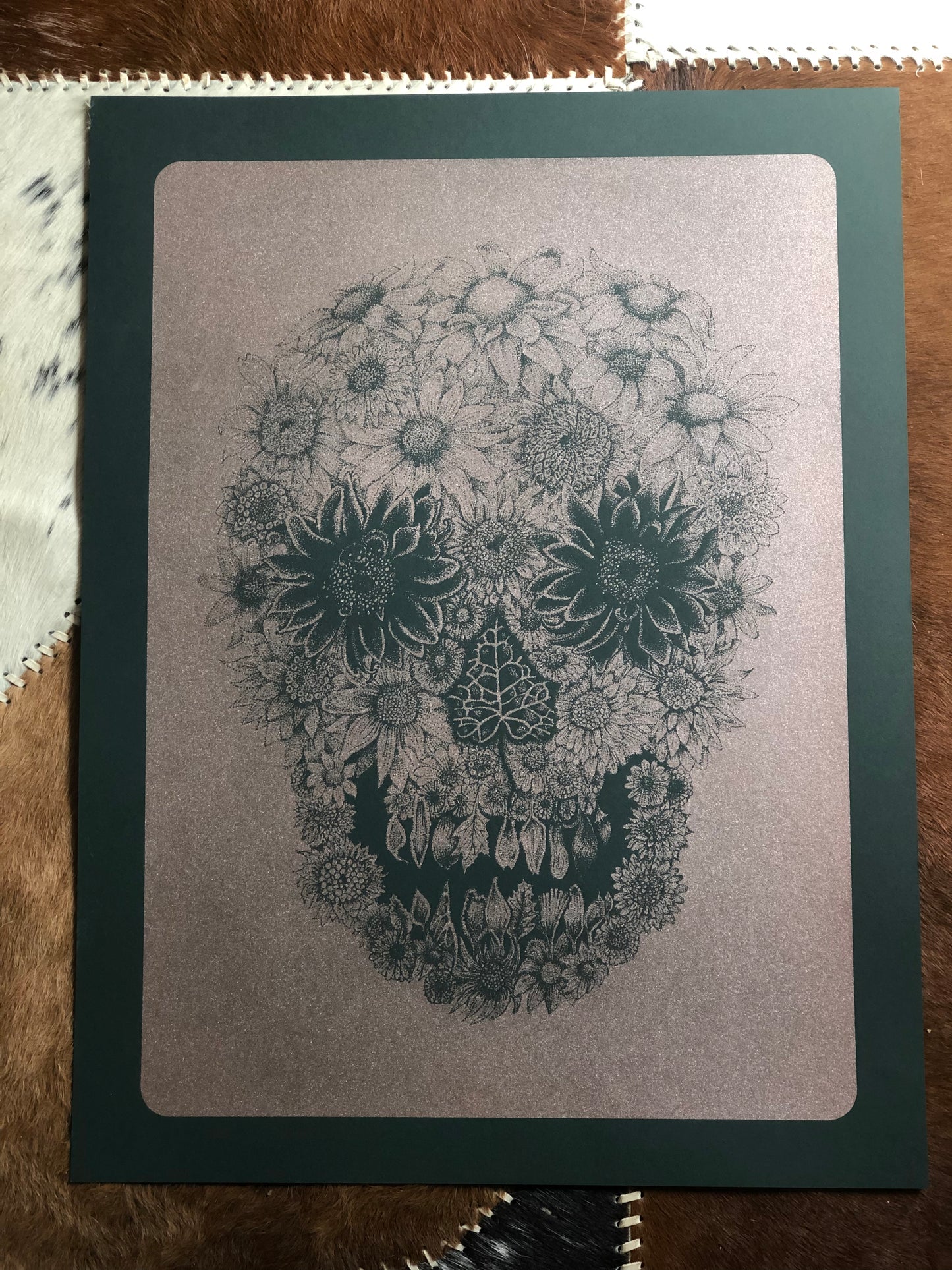 Flower Skull - Rose Gold on Green Paper
