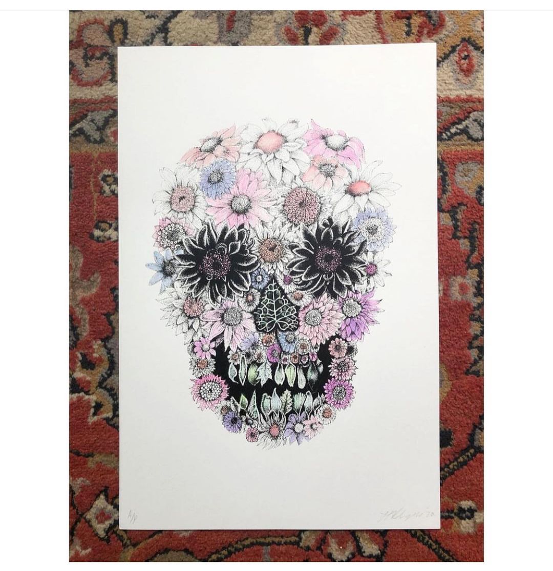 Flower Skull - Hand Colored Screen Print